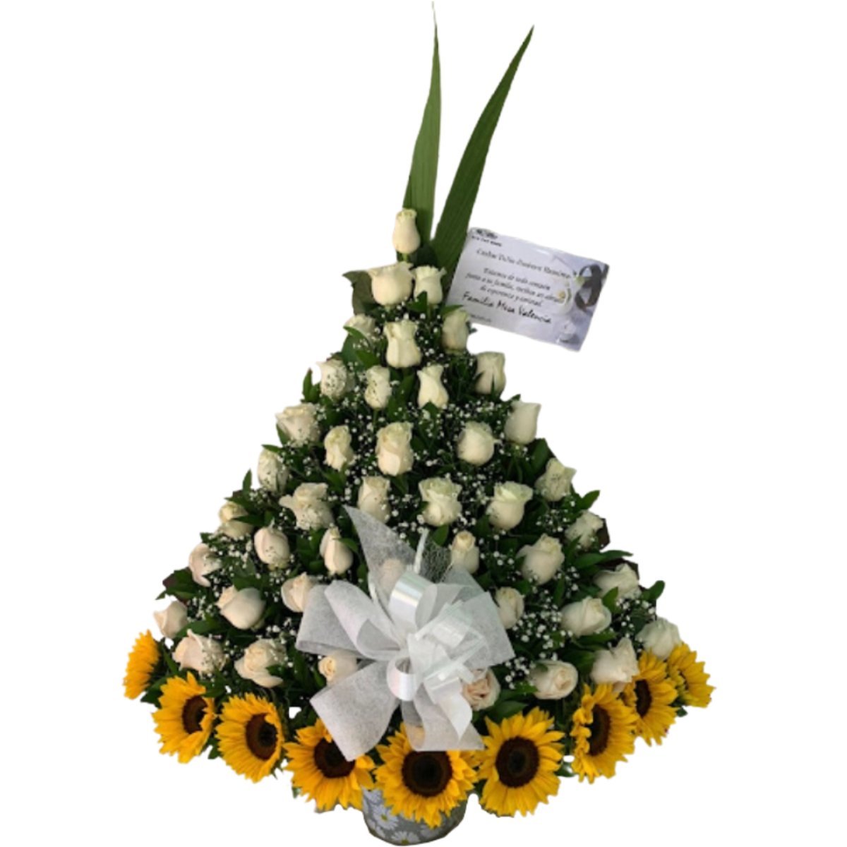 Funebre de rosas blancas con linea de girasoles