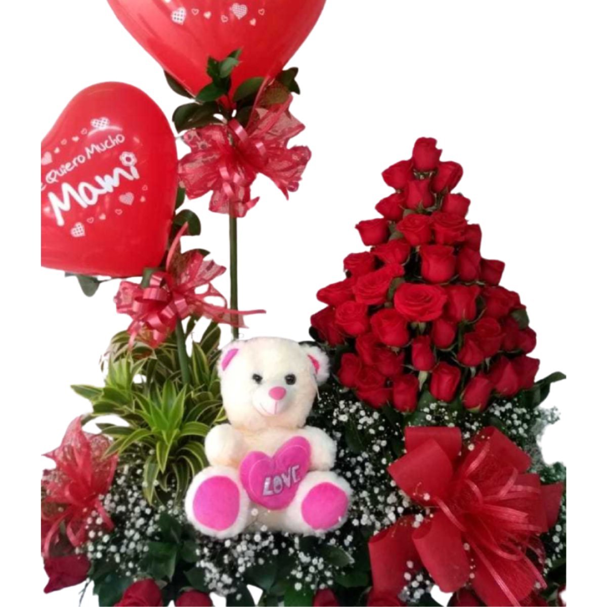 Jardinera con rosas rojas peluche y globos