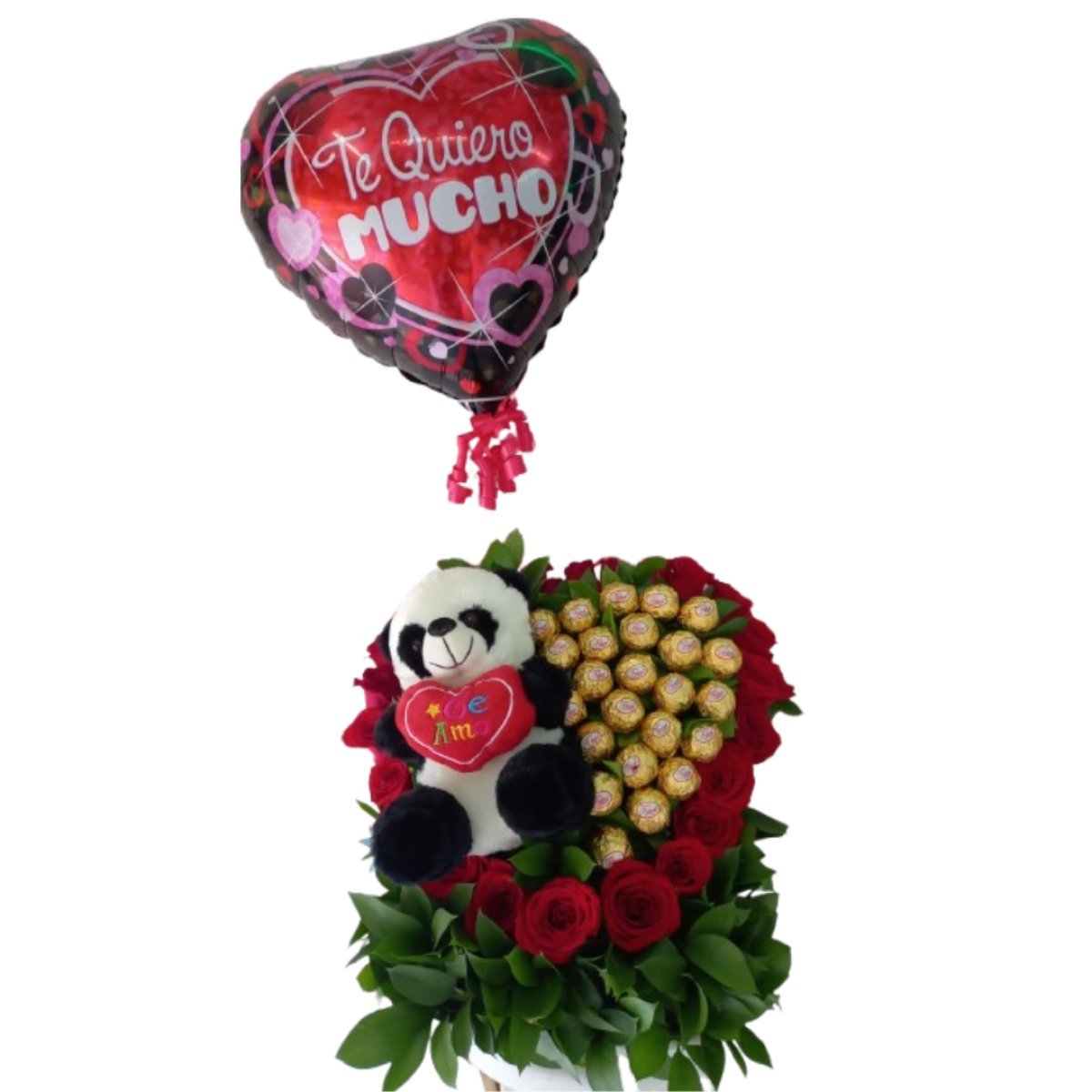 Corazón en 3D de rosas con chocolates y peluche