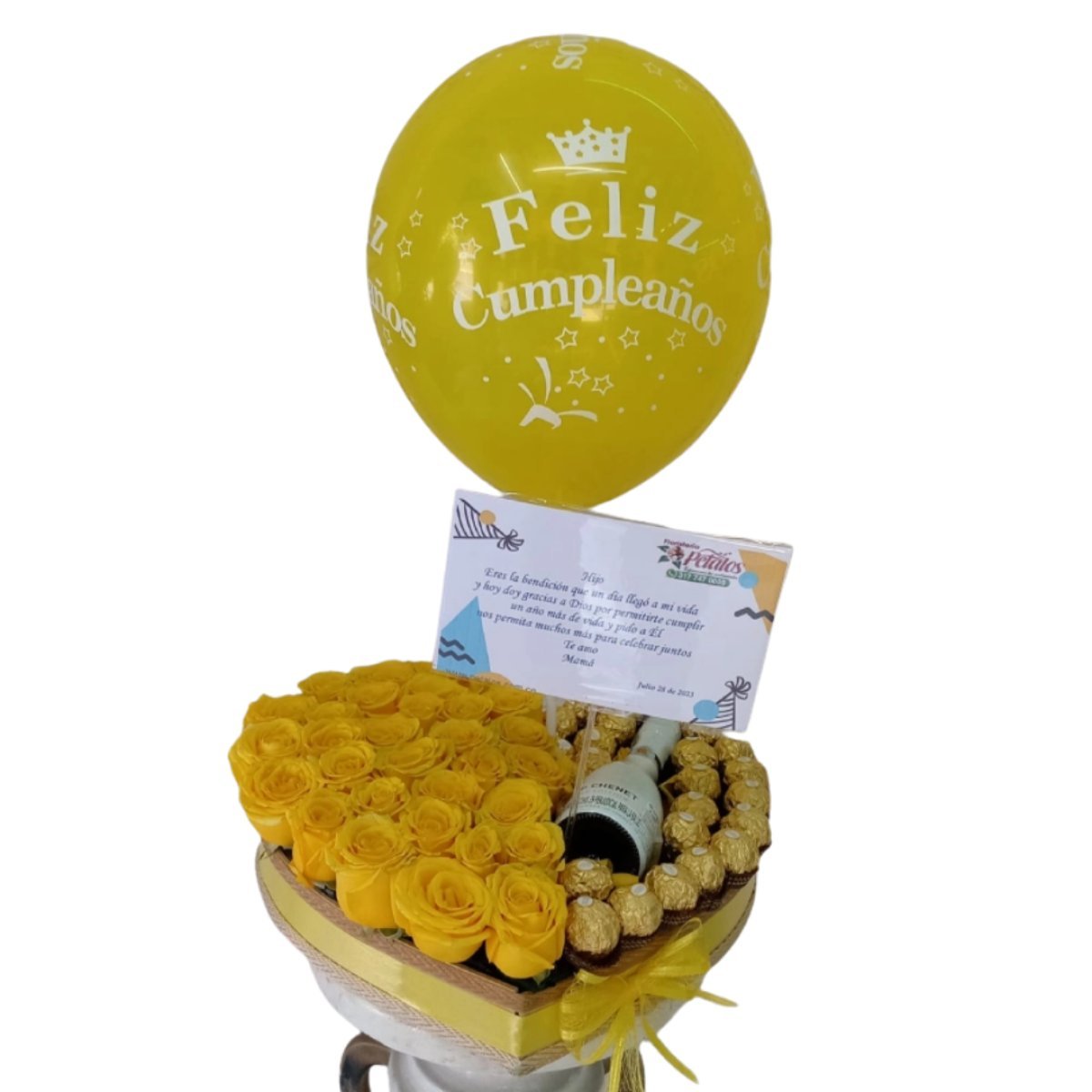 Corazón grande de rosas con chocolates y champagne